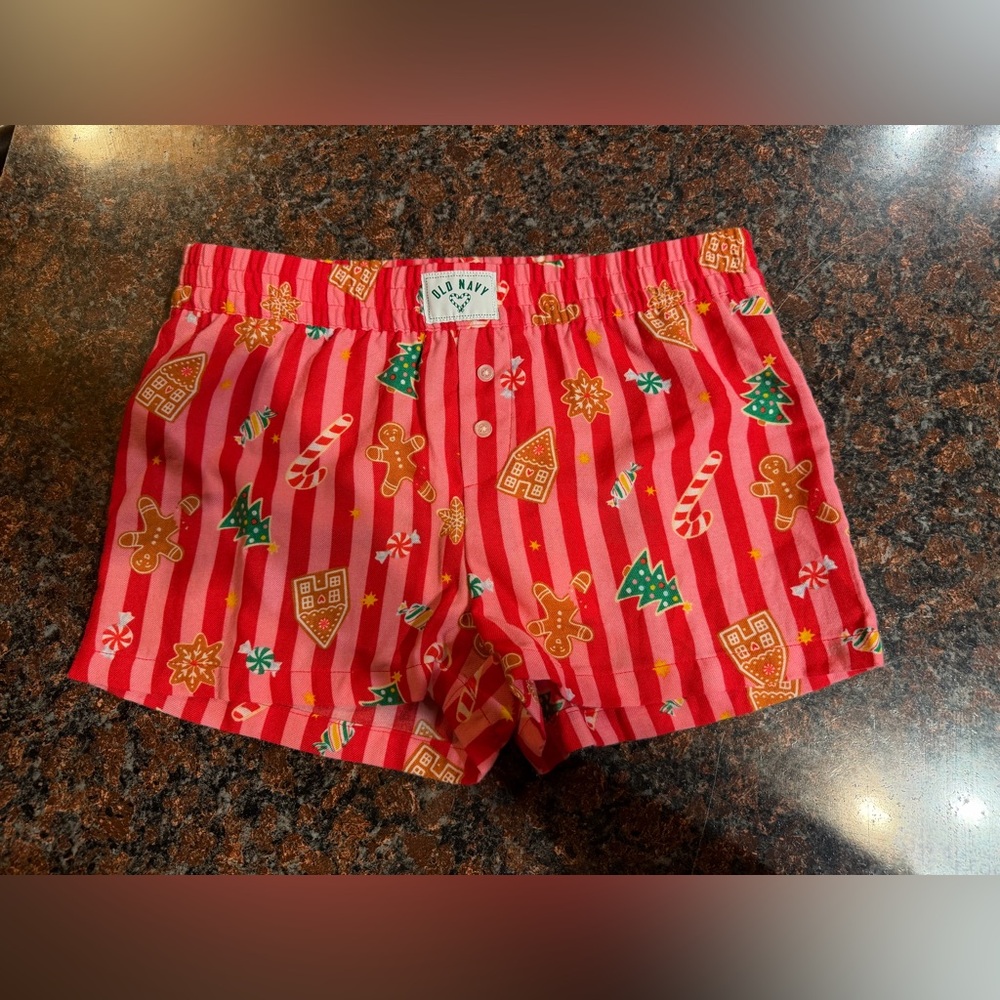 Old Navy Red & Pink Holiday Stripe Boxer Shorts with Green Accents
